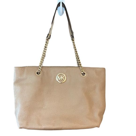 Michael Kors Bags Michael Kors Beige Leather Shoulder Bag Gold Chain Straps Top Zipper